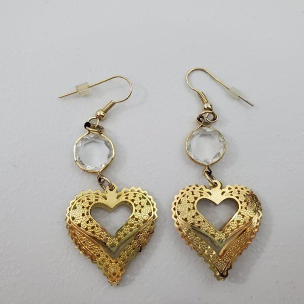 Heart Filigree Earrings Gold Tone‎ Dangle Beaded Cl